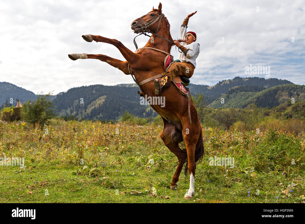 Cavalier kazakh en costume national obtient son cheval dressé à Almaty, Kazakhstan. Banque D'Images