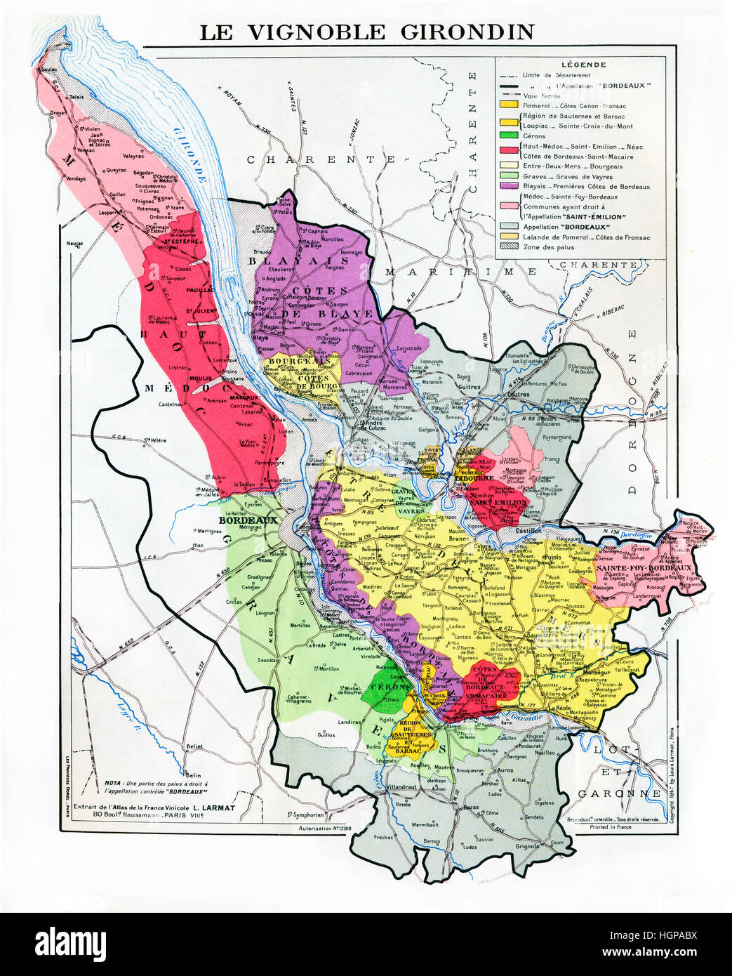 Bordeaux Wine Atlas, le Vignoble Girondin montrant les vignobles, villages et villes dans le département de la Gironde Banque D'Images