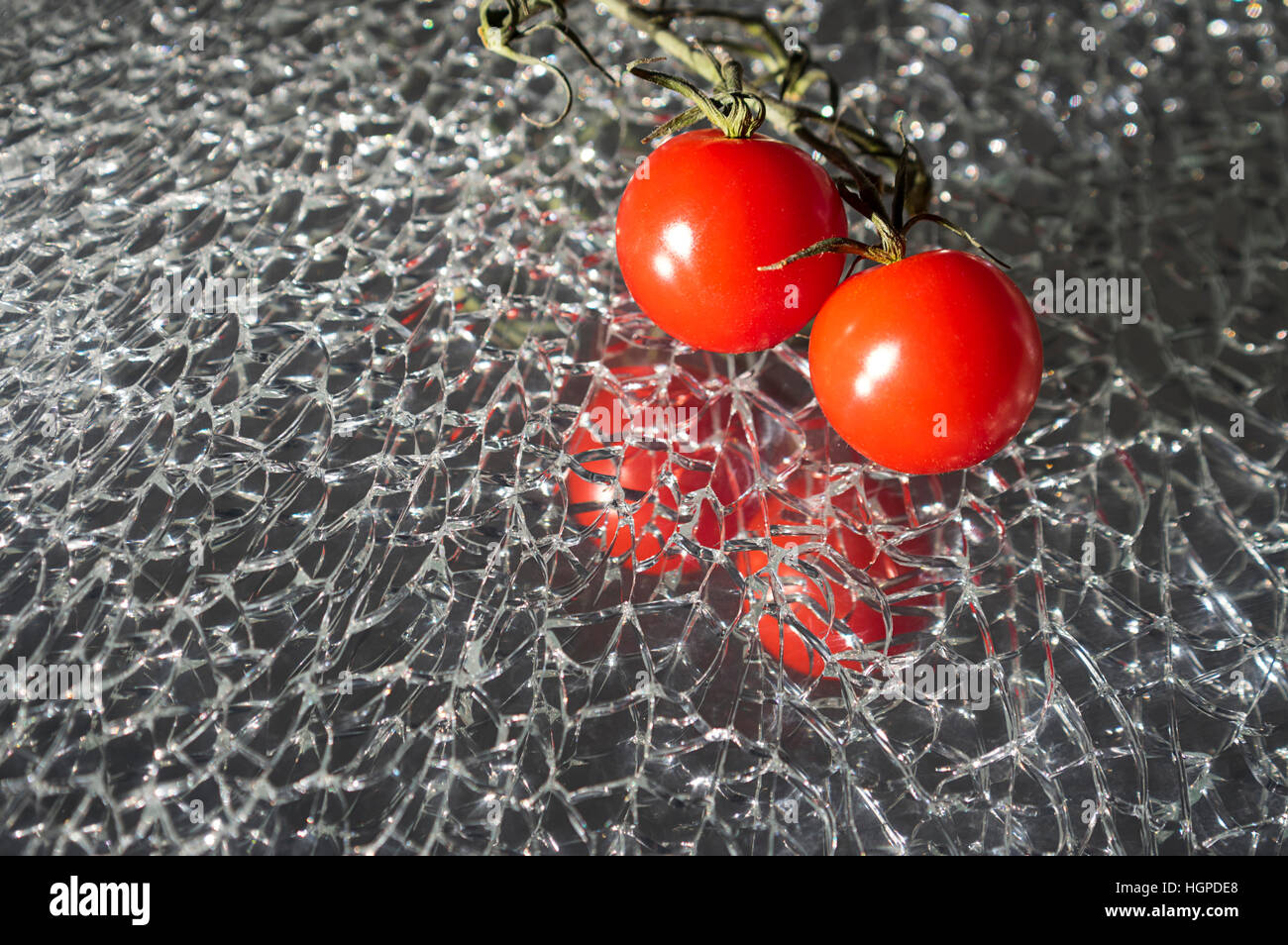 Tomates cerises fraîches mûres sur verre miroir cassé Banque D'Images