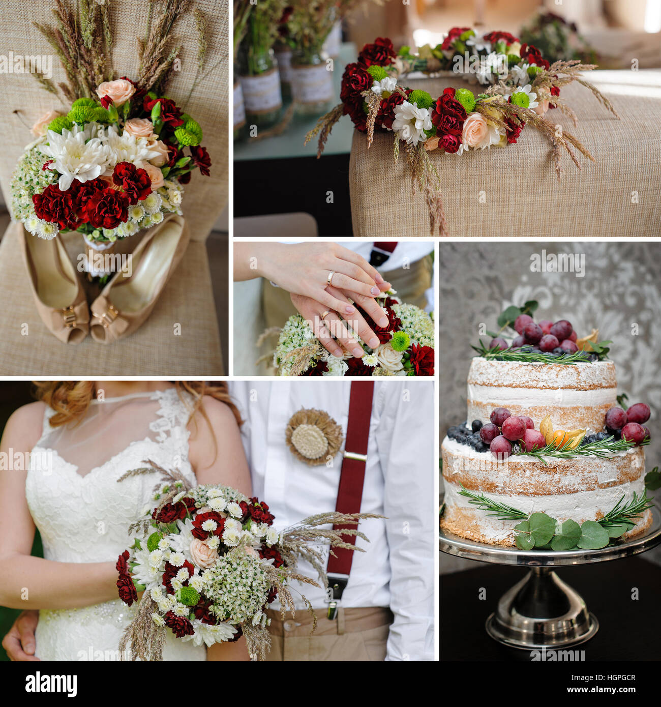 Collage de photos de mariage. Accessoires de décoration et de bouquet Banque D'Images