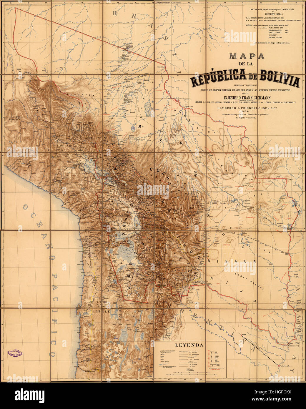 Carte de la Bolivie 1904 Banque D'Images