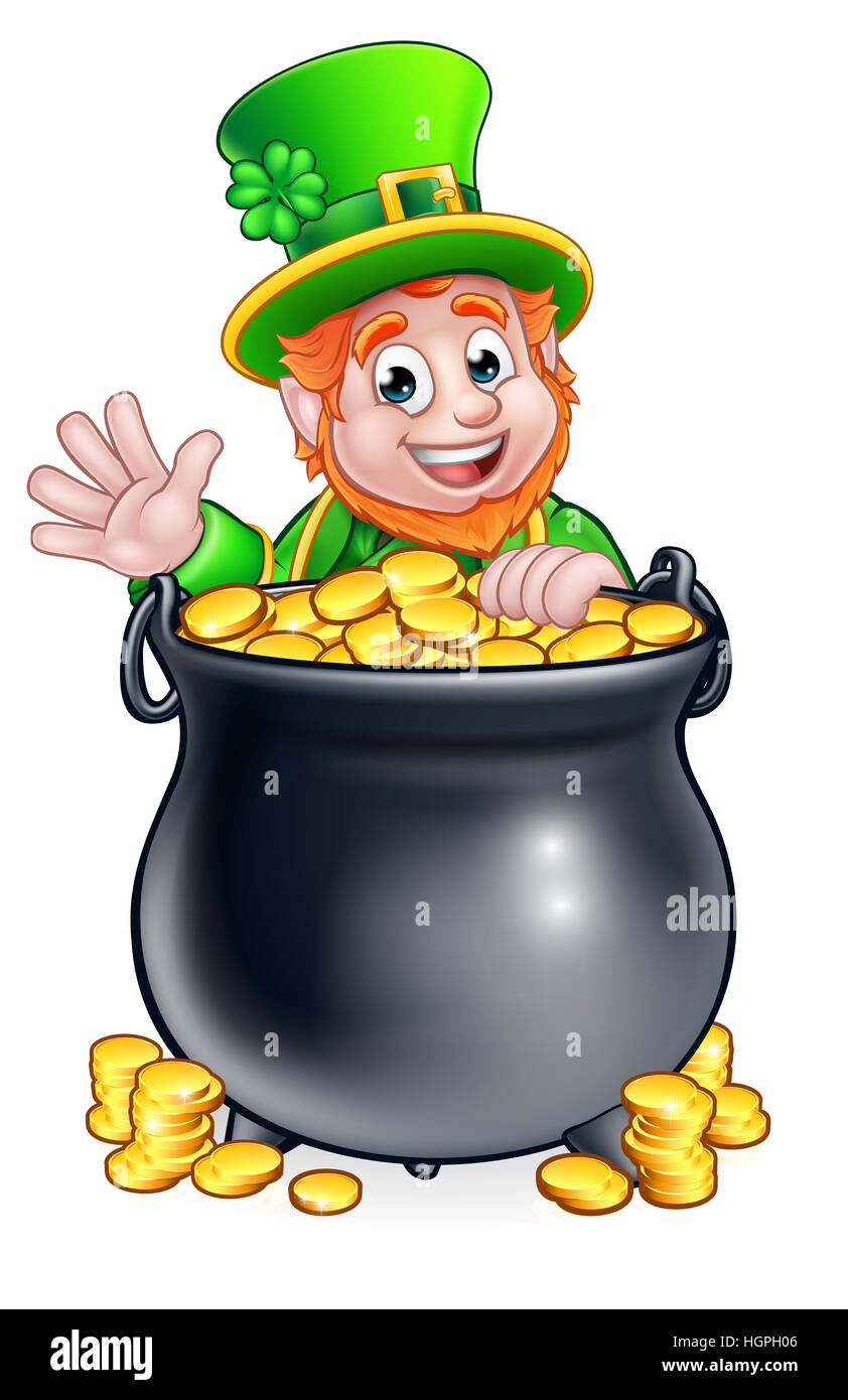 Un dessin de lutin St Patricks Day peeking caractère sur un pot d'or et forme Banque D'Images