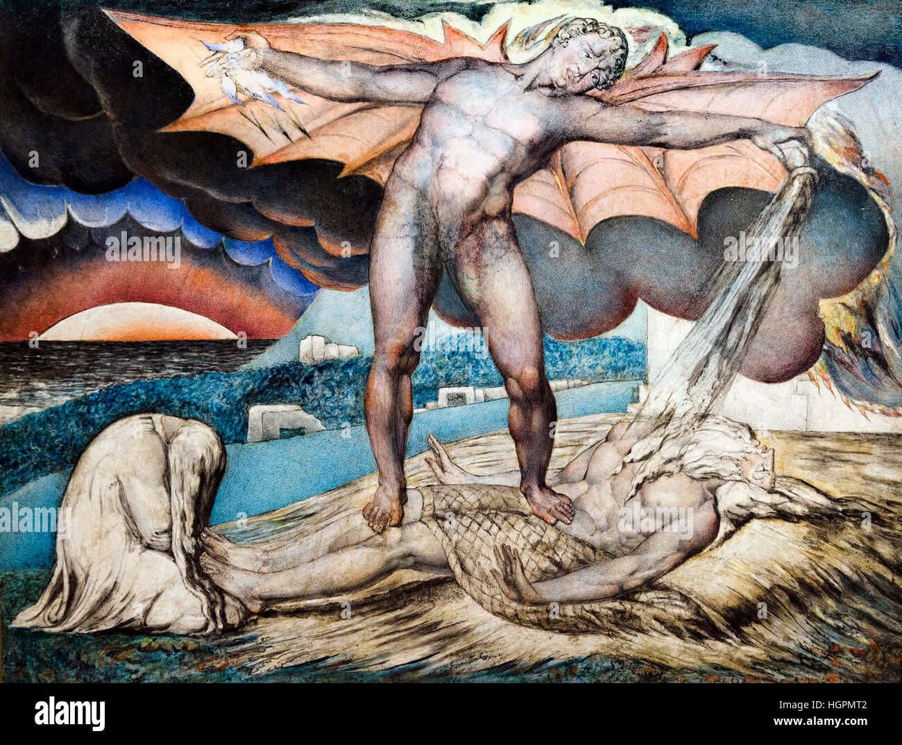 Satan smting Job avec des maux de William Blake, peinture, encre et tempera sur l'acajou, c.1826 Banque D'Images