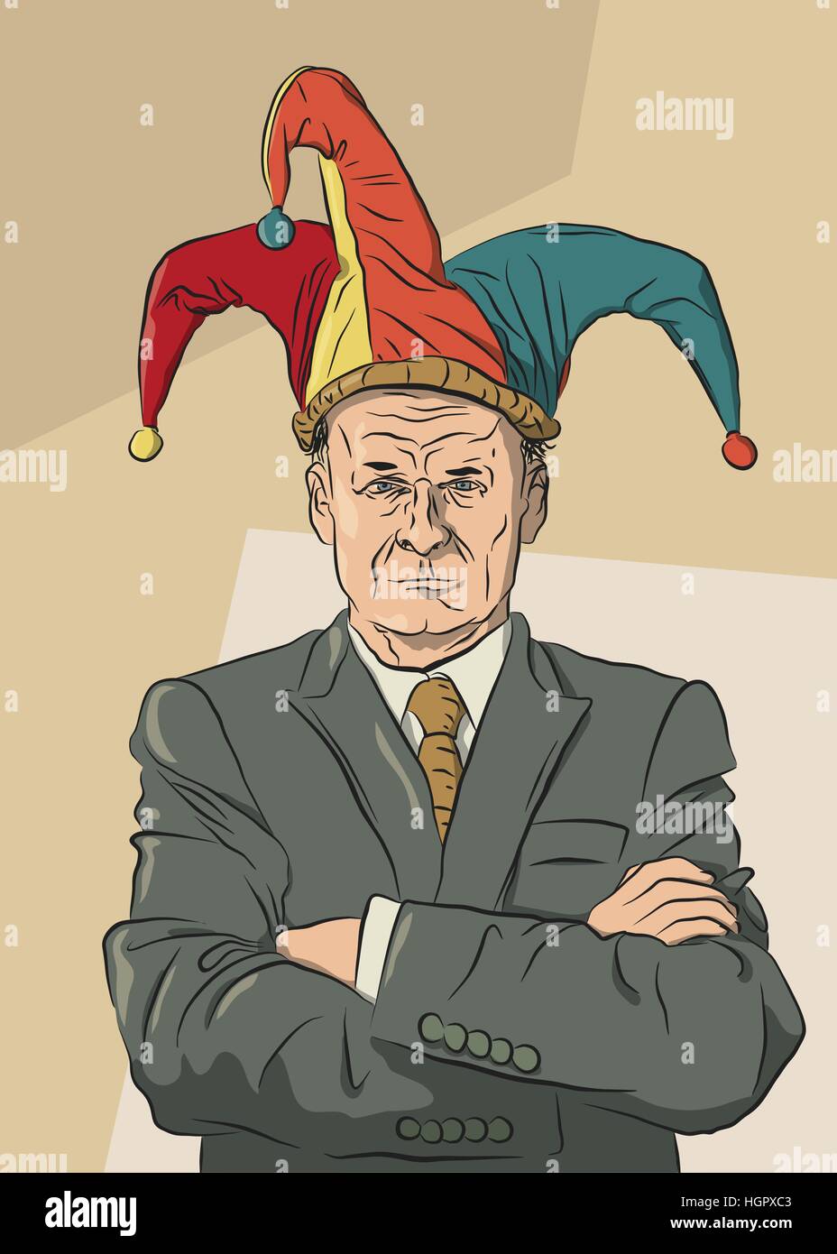 Vector illustration of a serious businessman portant un chapeau de bouffon mais ne pas partager la blague Illustration de Vecteur