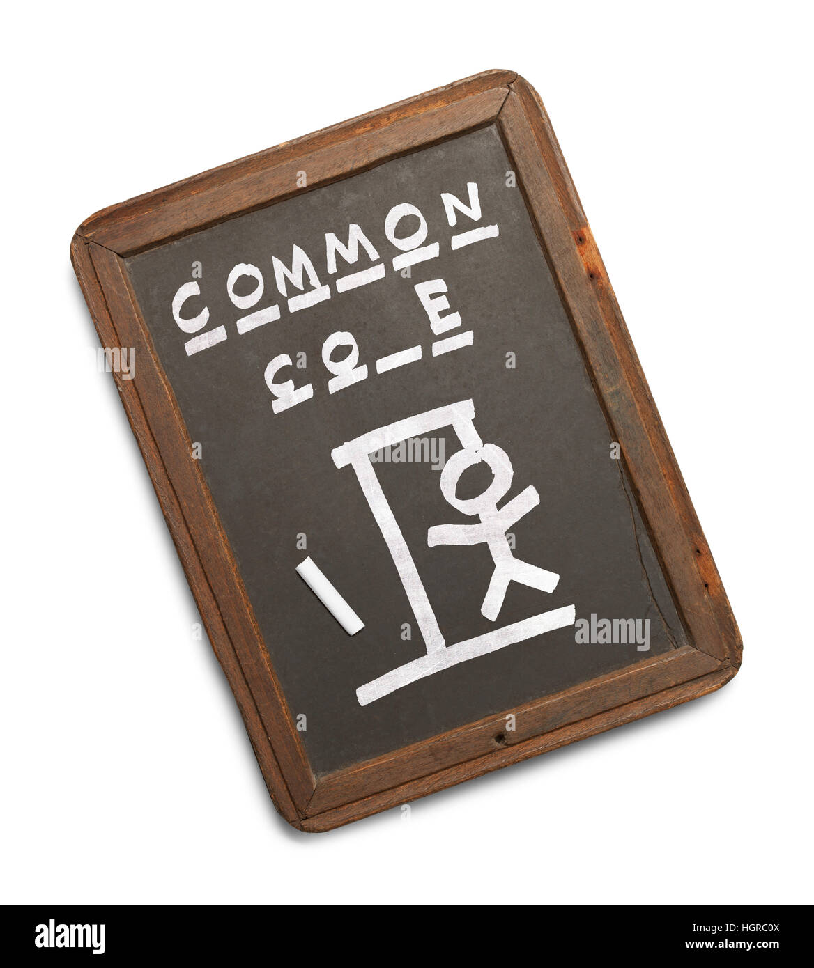 Tronc commun Hang Man sur ardoise isolé sur fond blanc. Banque D'Images