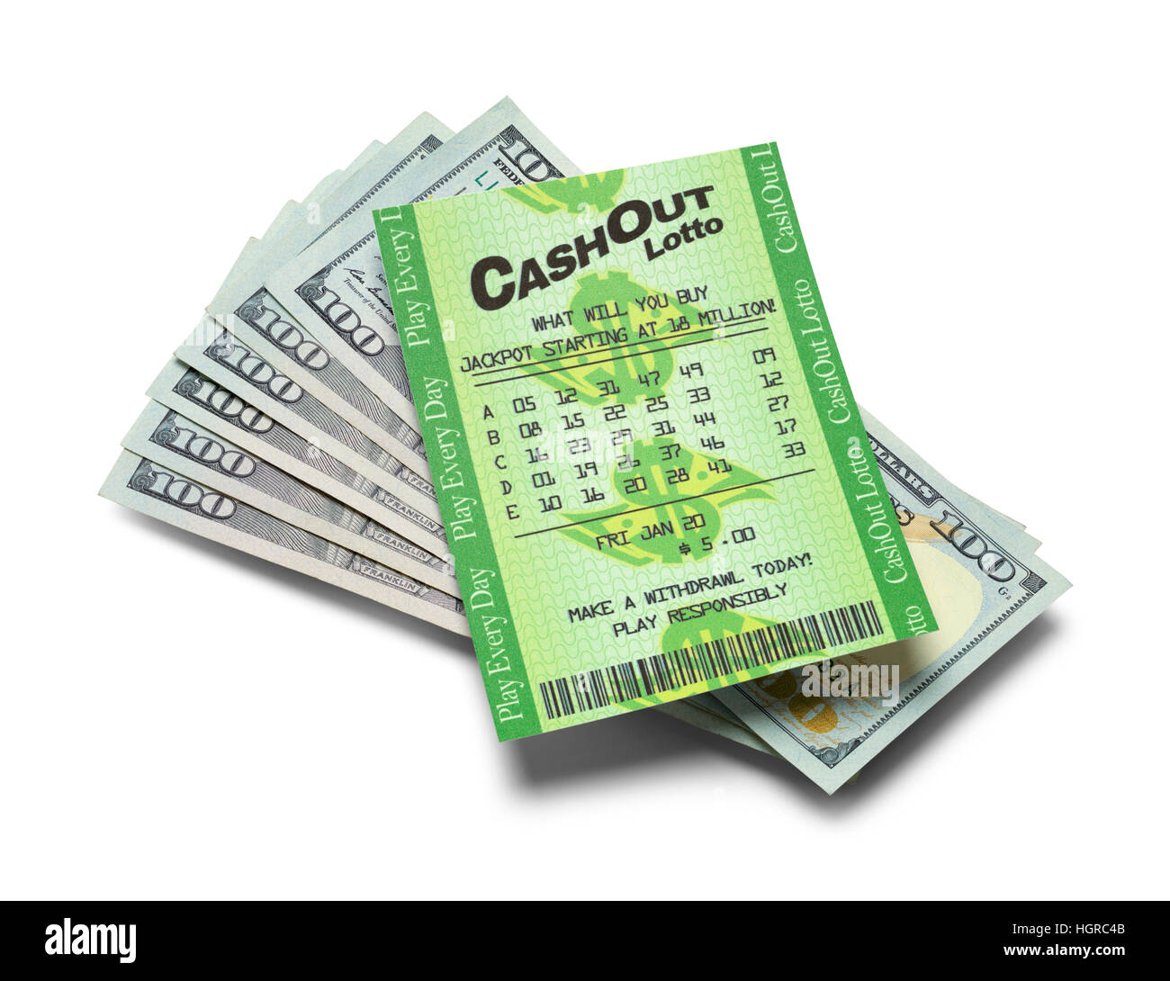 Ticket de loterie et de l'argent isolé sur fond blanc. Banque D'Images