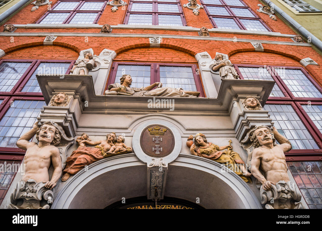 La Pologne, la Poméranie, Gdansk (Dantzig), l'floridly décorées façade de la maison patricienne (Jopengasse 1/2), Ulica Piwna Banque D'Images