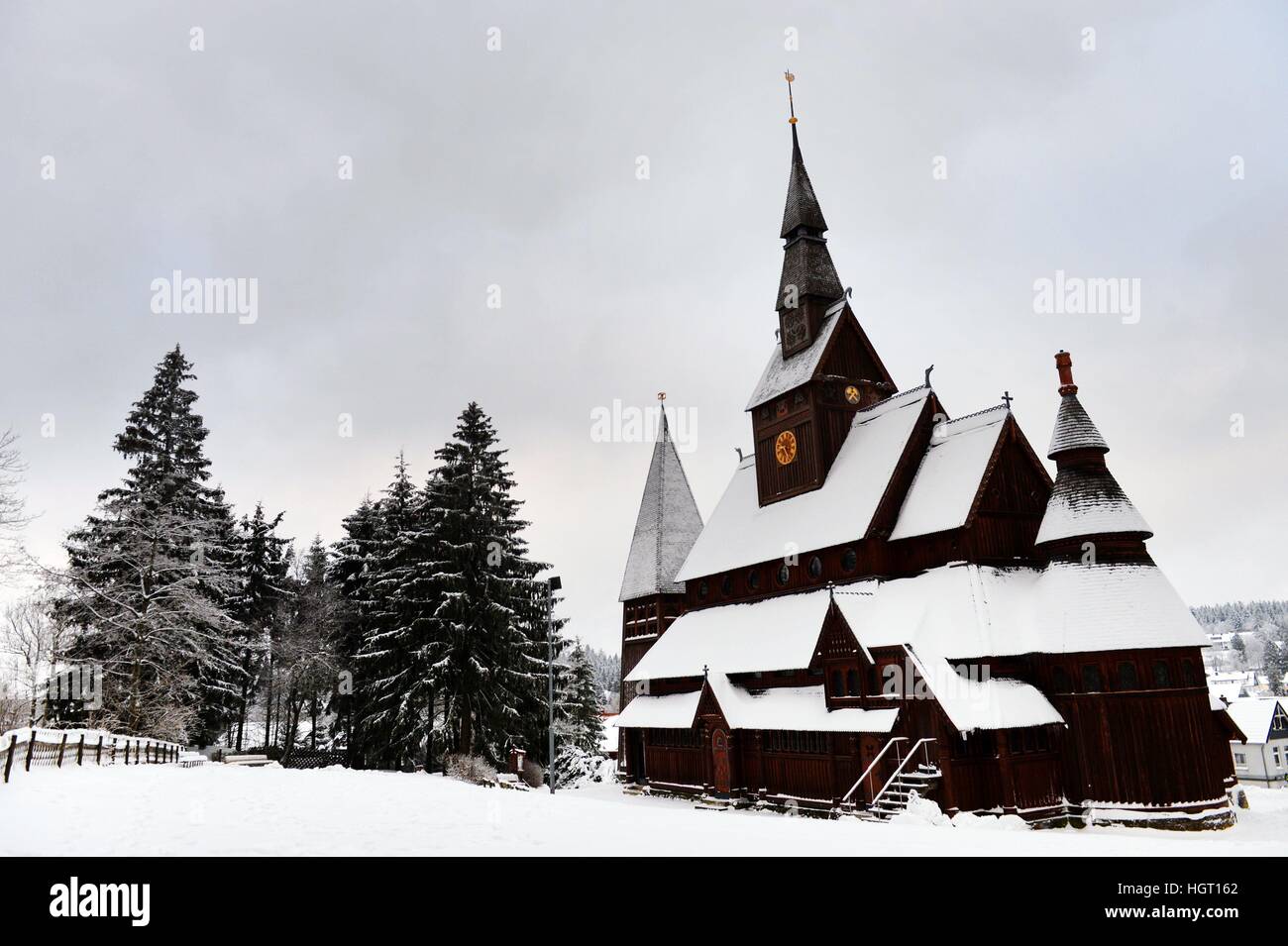 L'Église luthérienne (Gustav Adolf Allemand Gustav-Adolf-Stabkirche) est une église située à Hahnenklee, dans la région du Harz, Allemagne, 09.01.2017. Photo : Frank May | conditions dans le monde entier Banque D'Images