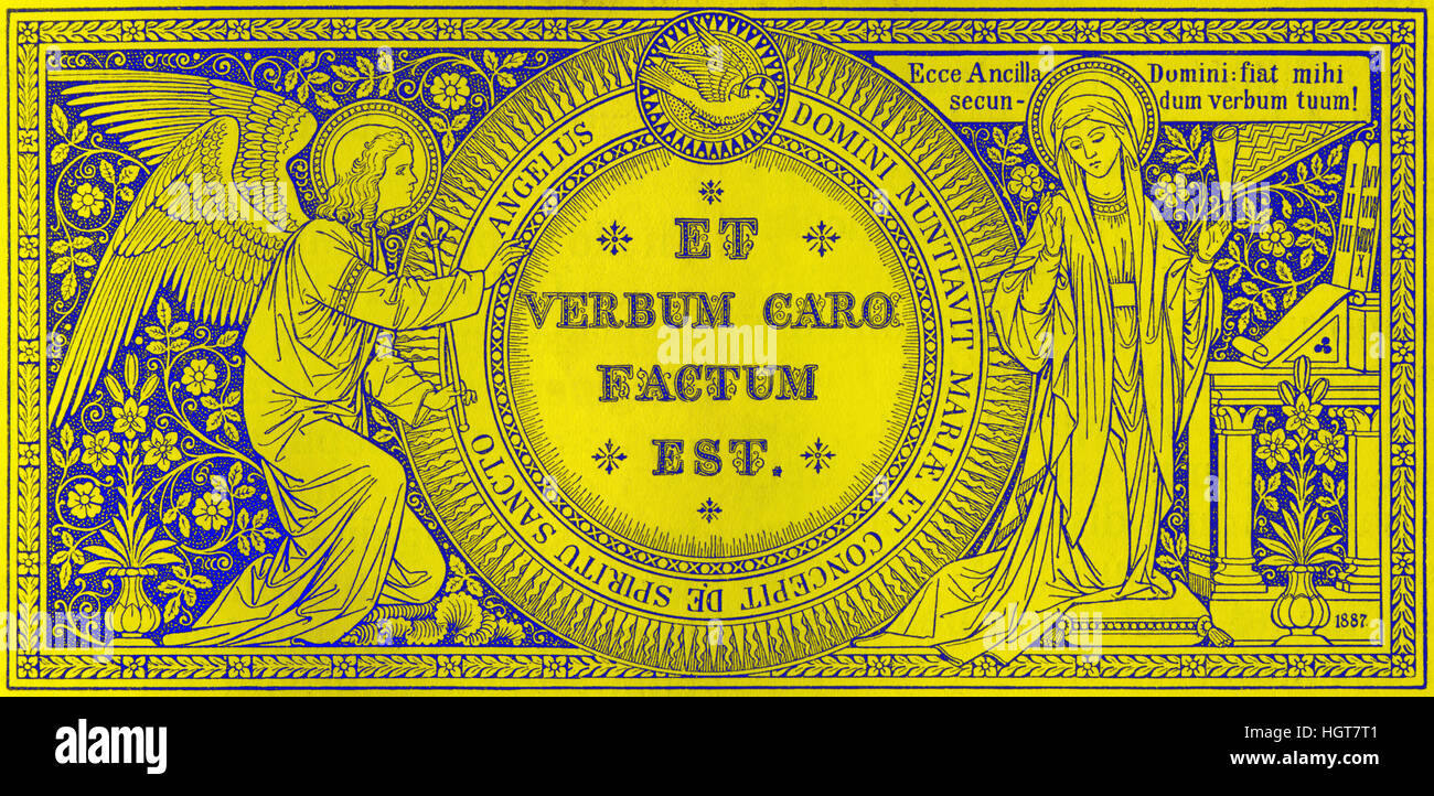 BRATISLAVA, Slovaquie - 21 novembre, 2016 : la lithographie de l'Annonciation dans Missale Romanum conçu par l'artiste inconnu aux initiales F.M.S (1887) Banque D'Images