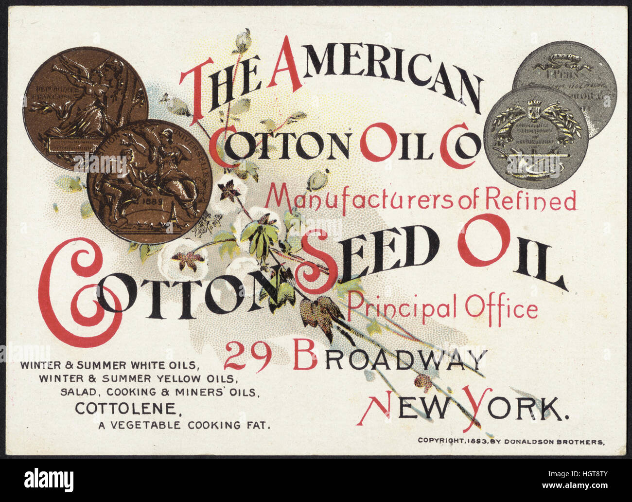 L'huile de coton américains Co, les fabricants d'huile de graines de coton raffinée [avant] - Carte du commerce alimentaire Banque D'Images