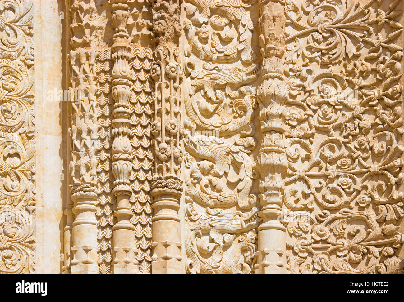 Salamanque, Espagne, Avril - 17, 2016 : Le détail de la décoration gothique du portail sud de la cathédrale - Catedral Vieja Banque D'Images