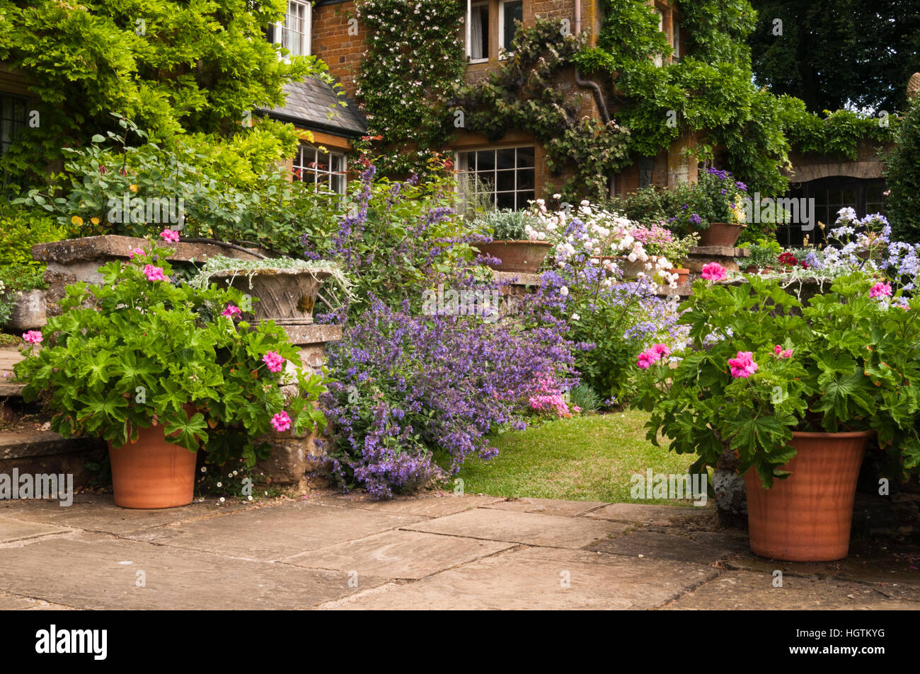 La terrasse de Coton Manor gardens avec des pots de géraniums colorés et d'autres fleurs d'été, Coton, Northamptonshire, Angleterre Banque D'Images