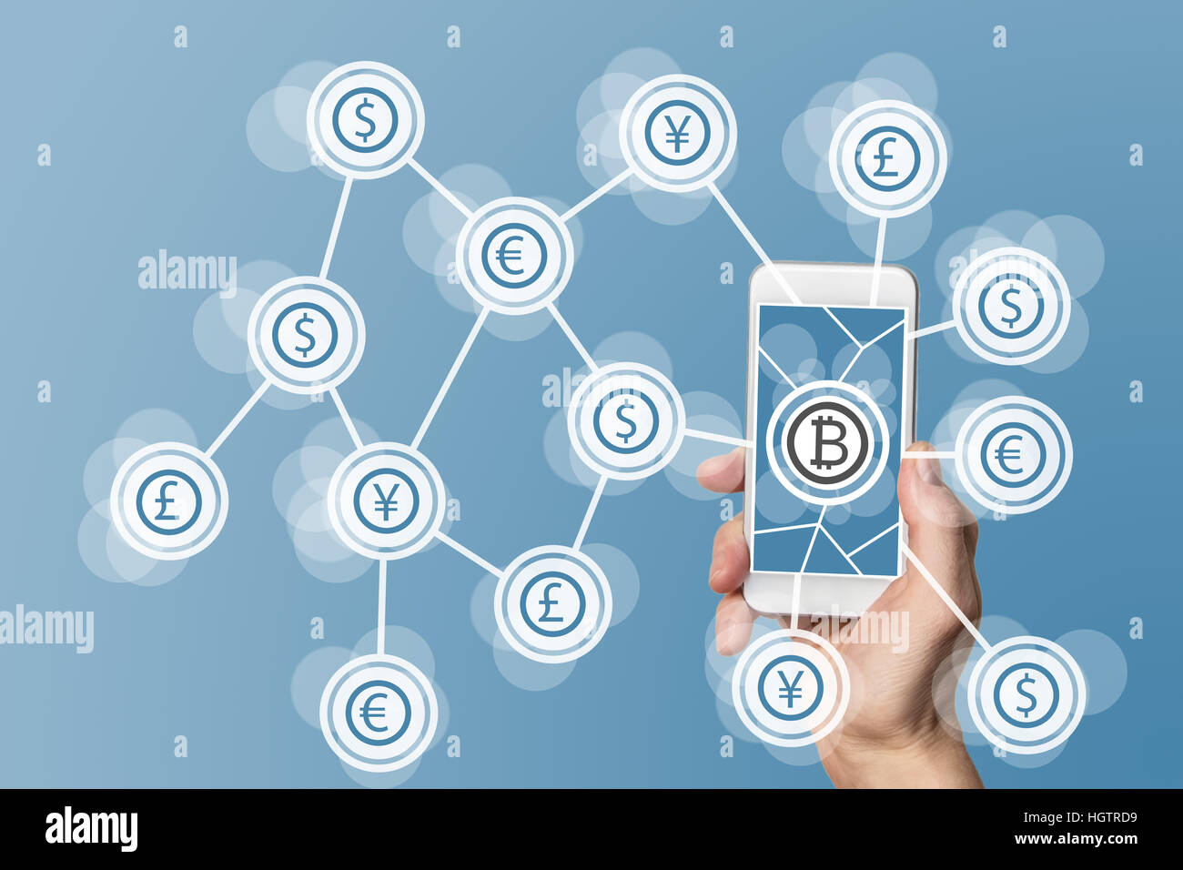 Blockchain bitcoin et la technologie et l'informatique mobile concept sur fond bleu Banque D'Images
