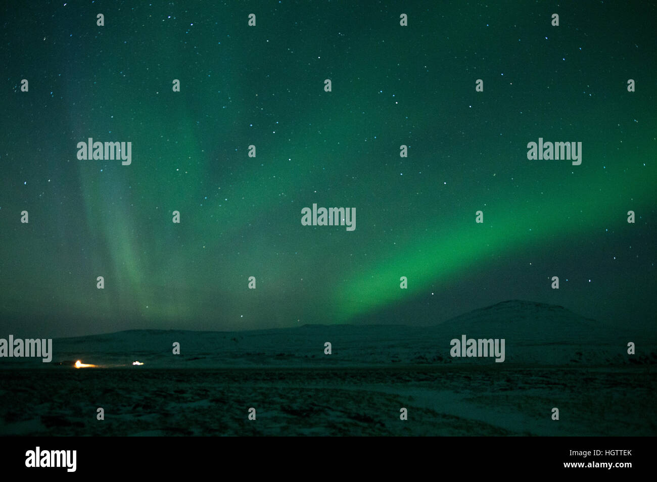Northern Lights sur le parc national de Thingvellir en Islande, Nouvel An, 2016. Banque D'Images