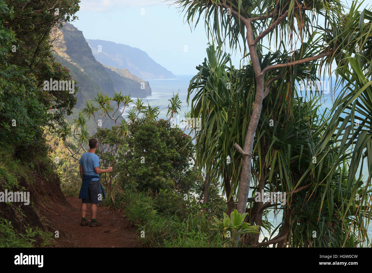 Man on Kalalau Trail randonnée pédestre, Côte de Na Pali, Kauai, Hawaii Banque D'Images