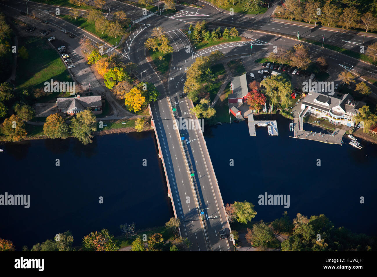 Vue aérienne de Cambridge Boat Club, Charles River, Cambridge, Boston, MA Banque D'Images