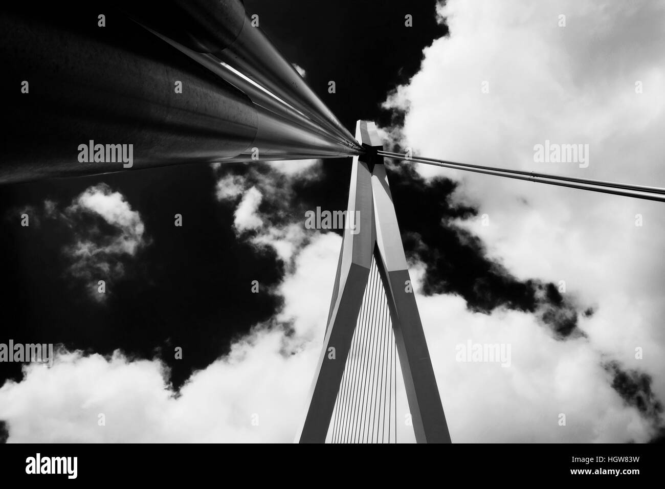 Erasmusbrug à Rotterdam vu d'en bas, en noir et blanc Banque D'Images