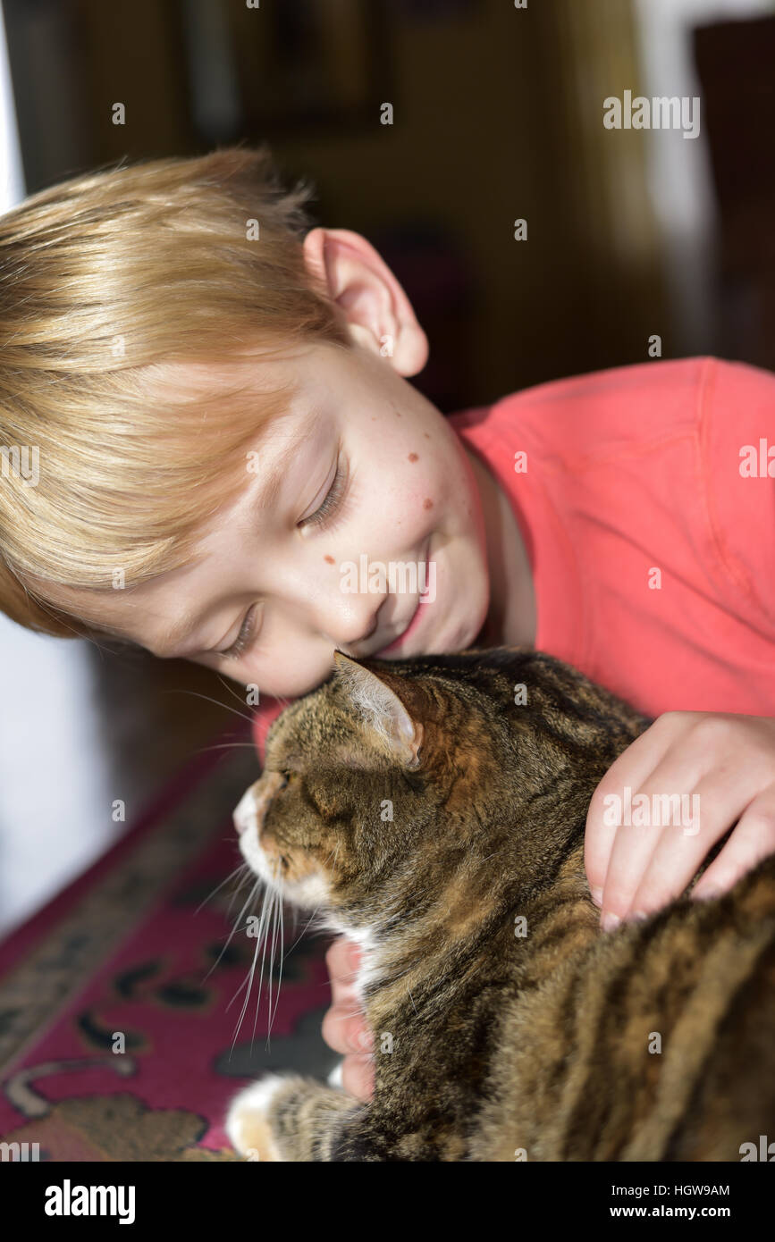 Garçon Blond caressant la chatte sur étage dans maison, montrer de l'affection pour chat. Banque D'Images