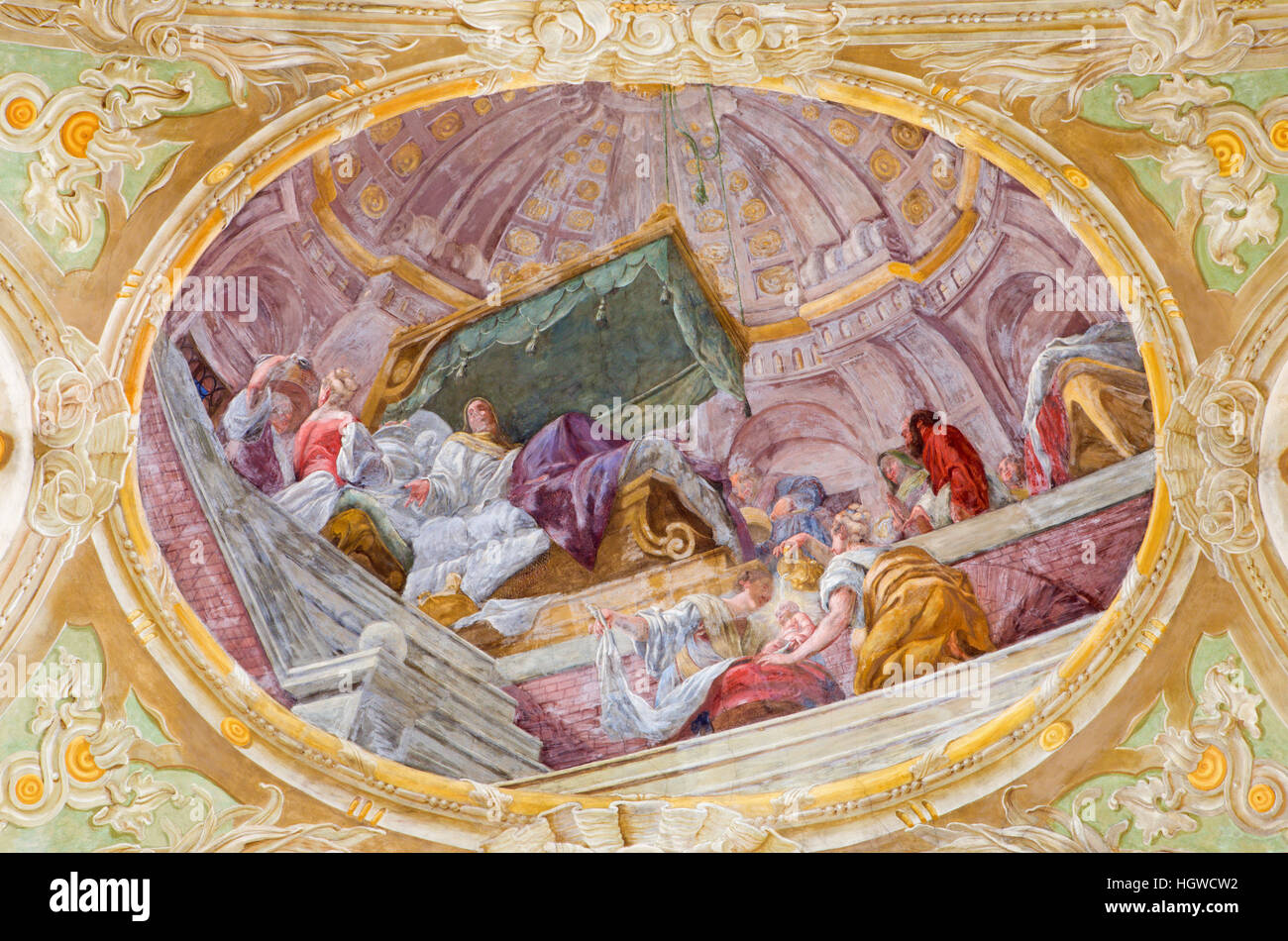 Vienne, Autriche - 19 décembre 2016 : la fresque au plafond de la naissance de la Vierge Marie à l'église Mariahilfer Kirche Banque D'Images