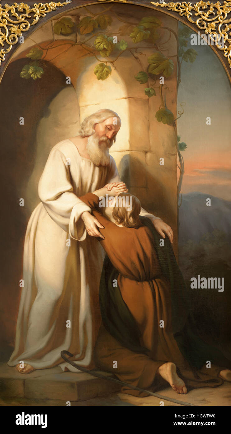 Vienne, Autriche - 19 décembre 2016 : la peinture de retour de scène de fils prodigue à l'église kirche St. Laurenz (Schottenfelder Kirche) Banque D'Images