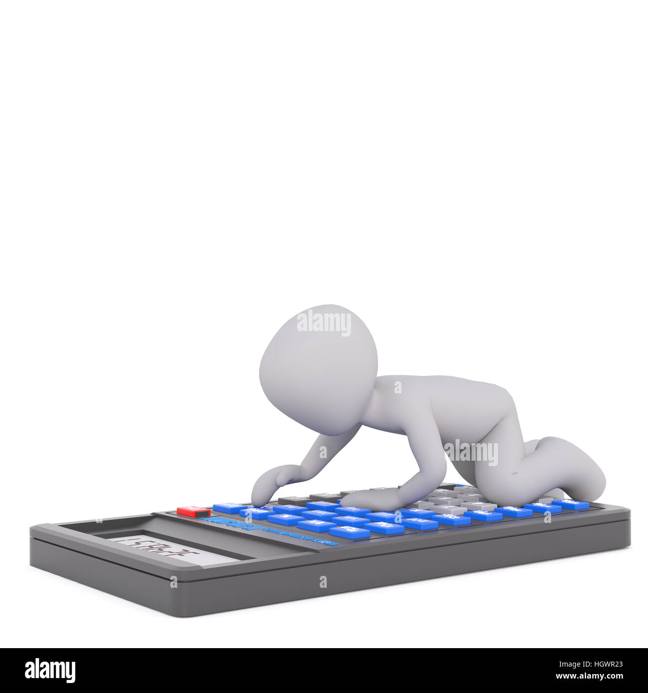 Cartoon sans visage gris 3D man using calculator sur tous les fours, rendre isolated on white Banque D'Images