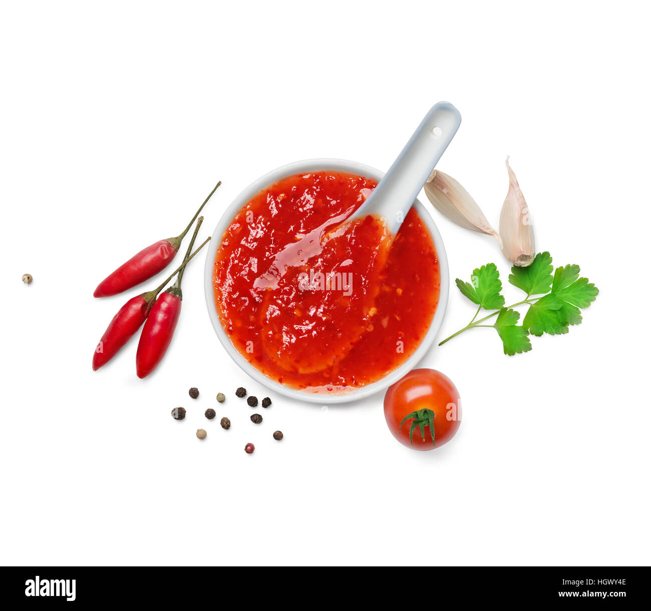 Red Hot sauce chili isolé sur un fond blanc.vue d'en haut Banque D'Images