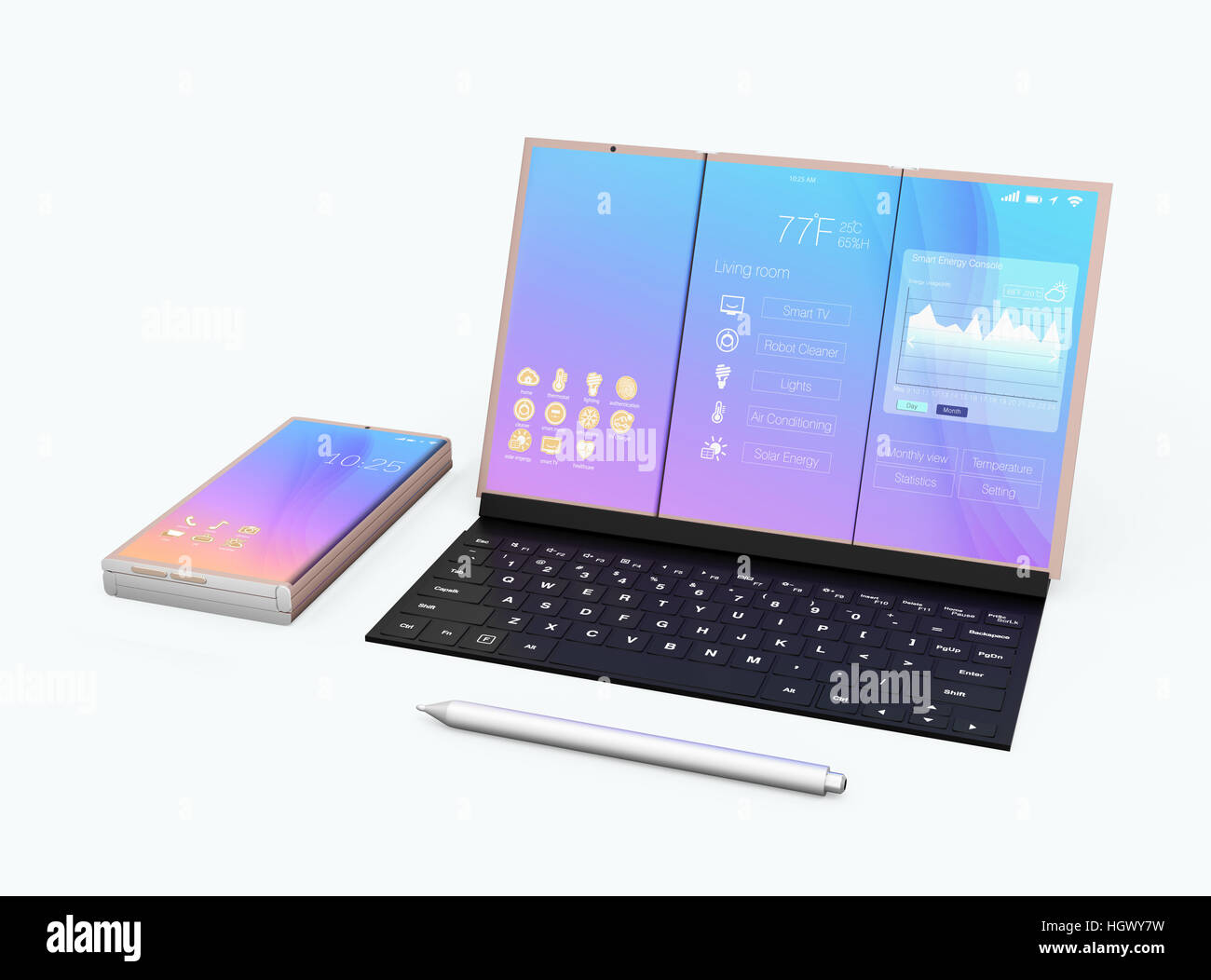 Smart phone pliable, tablet PC, stylo numérique et clavier amovible isolé sur fond blanc. Le rendu 3D image. Banque D'Images