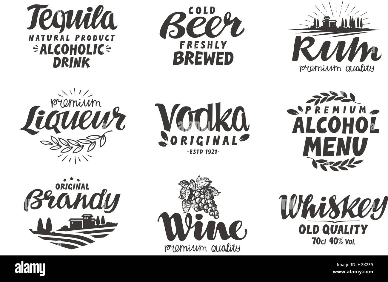 Des boissons alcoolisées. Collection d'étiquettes pour la conception de menus de restaurant ou bar isolé sur fond blanc Illustration de Vecteur