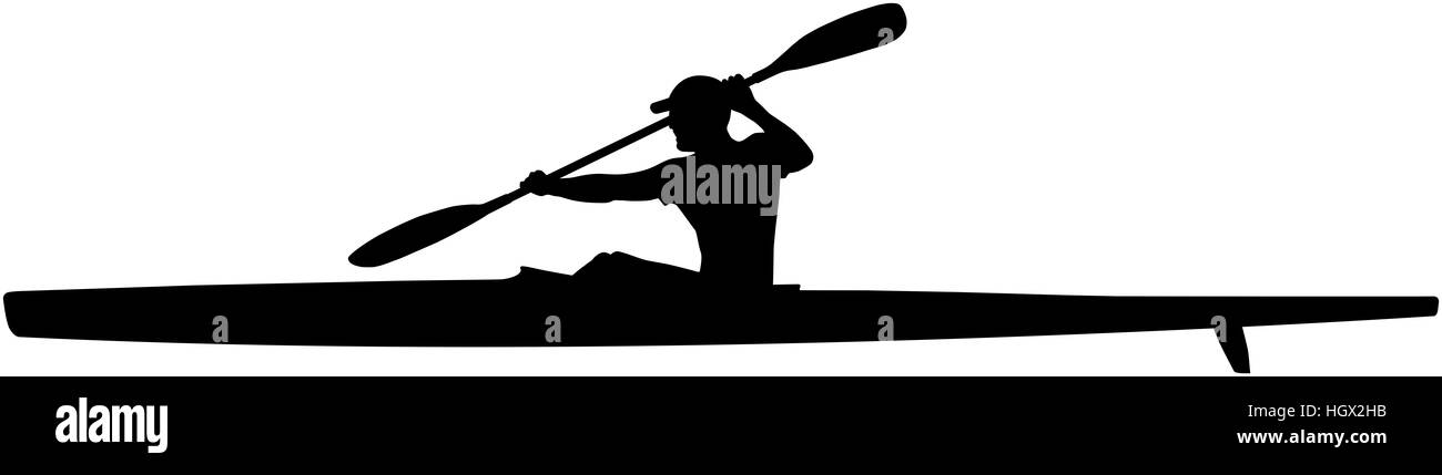 Silhouette noire kayakiste athlète sport kayak avec pagaie Banque D'Images