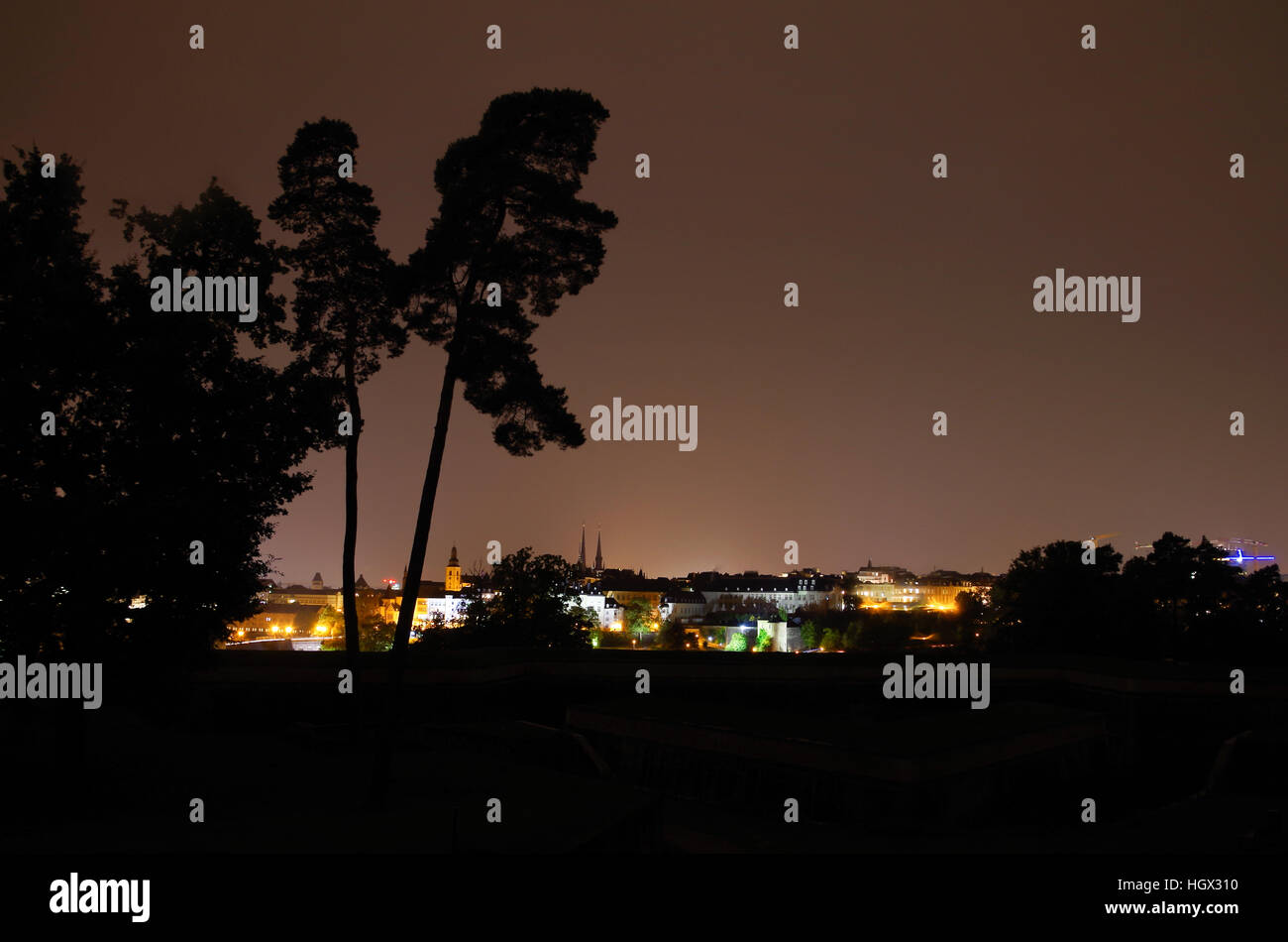 Les lumières de la ville de Luxembourg en soirée avec des silhouettes de pins dans le foreplan Banque D'Images