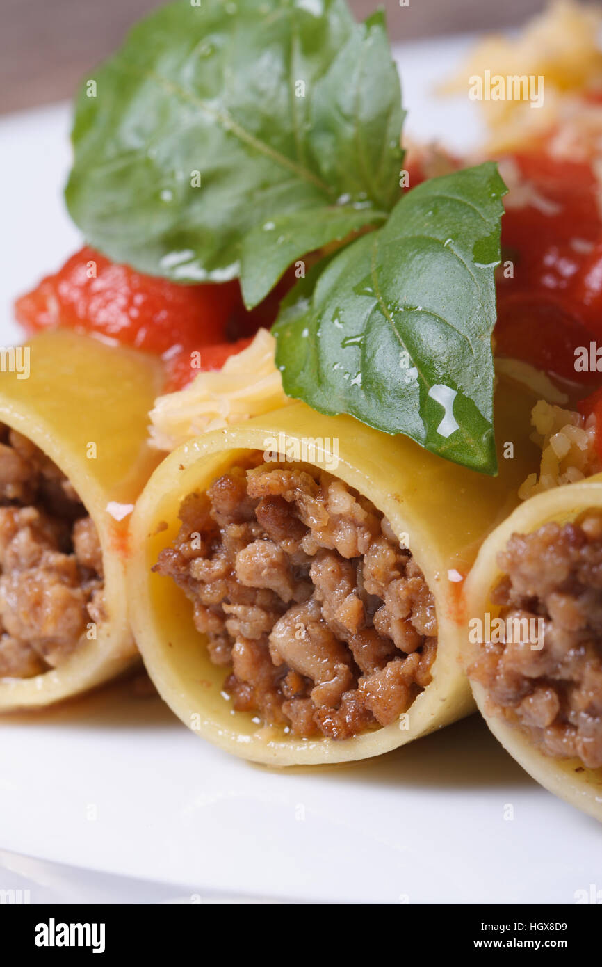 Cannelloni pâtes italiennes farcies de viande et de la sauce tomate verticale macro Banque D'Images