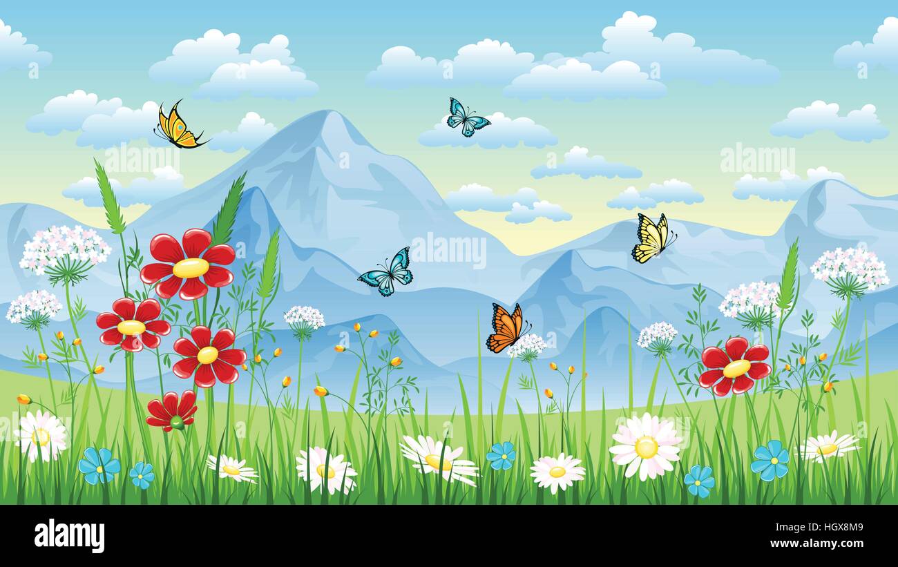 Floral background with butterflies et montagnes Illustration de Vecteur