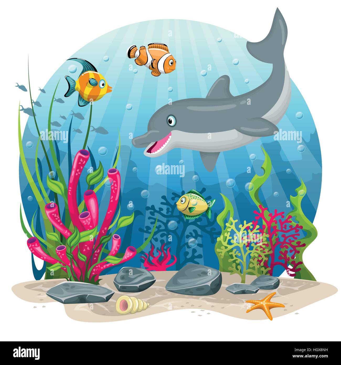 Les dauphins et les poissons dans la mer Illustration de Vecteur