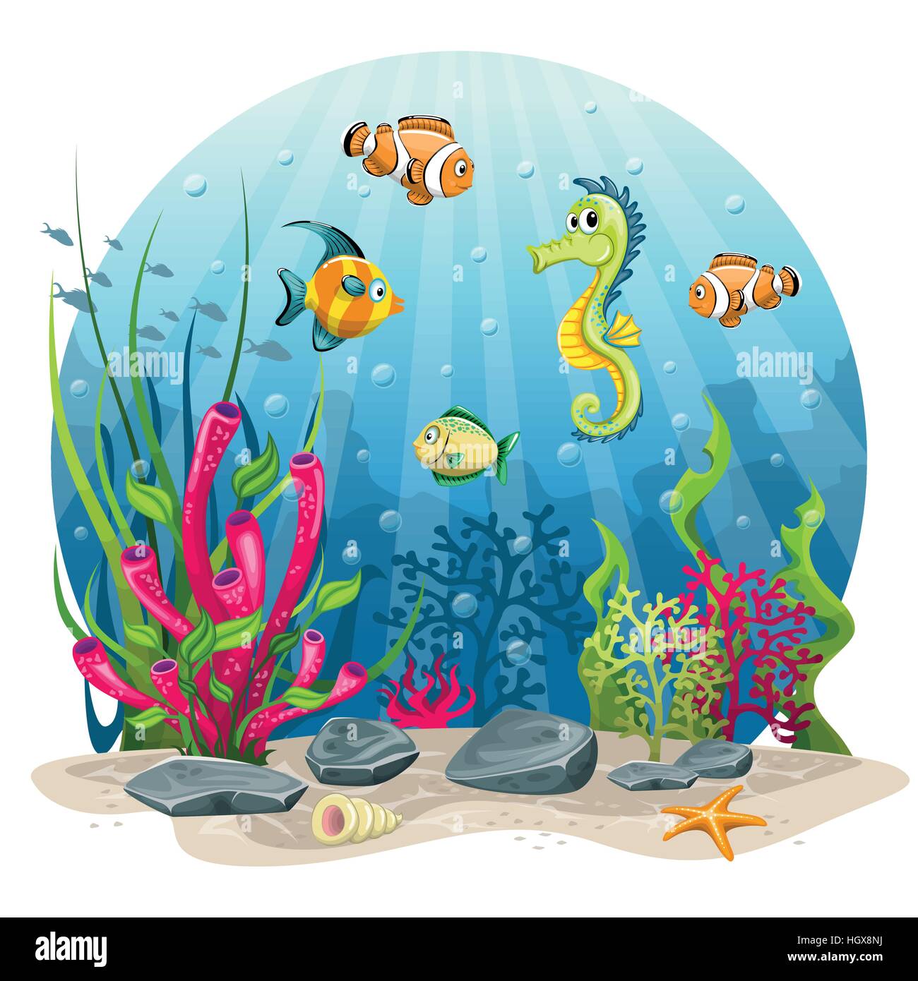 Hippocampe et poissons dans la mer Illustration de Vecteur