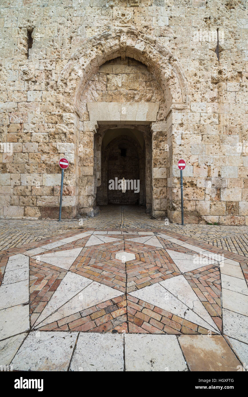 Porte de Sion dans le mur sud de la vieille ville de Jérusalem, est marqué par des impacts de balles de la guerre des Six Jours en 1967, Jérusalem, Israël Banque D'Images