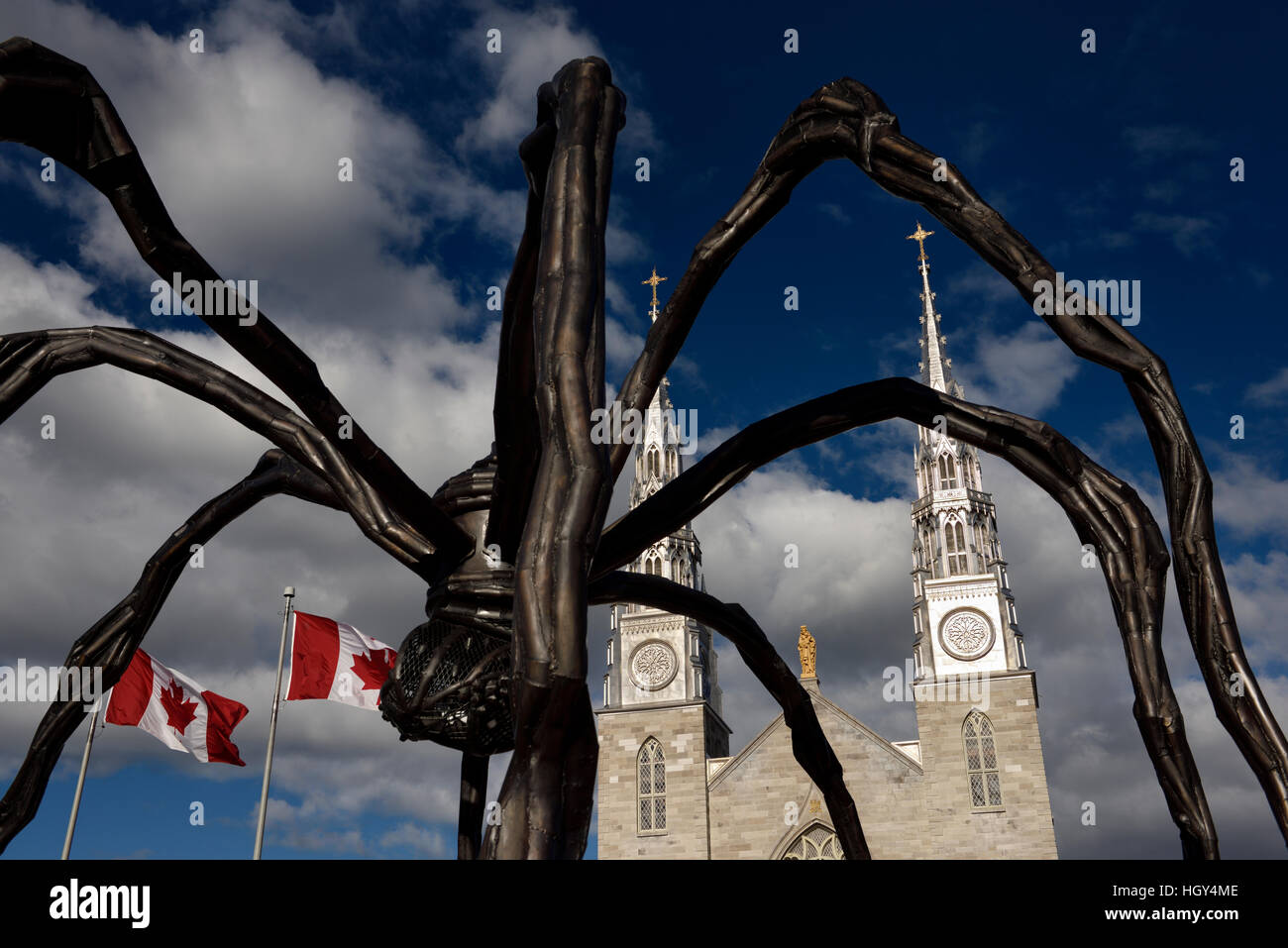 La cathédrale catholique de Notre Dame Basilica à Ottawa avec l'Araignée géante de la sculpture et des drapeaux canadiens Banque D'Images