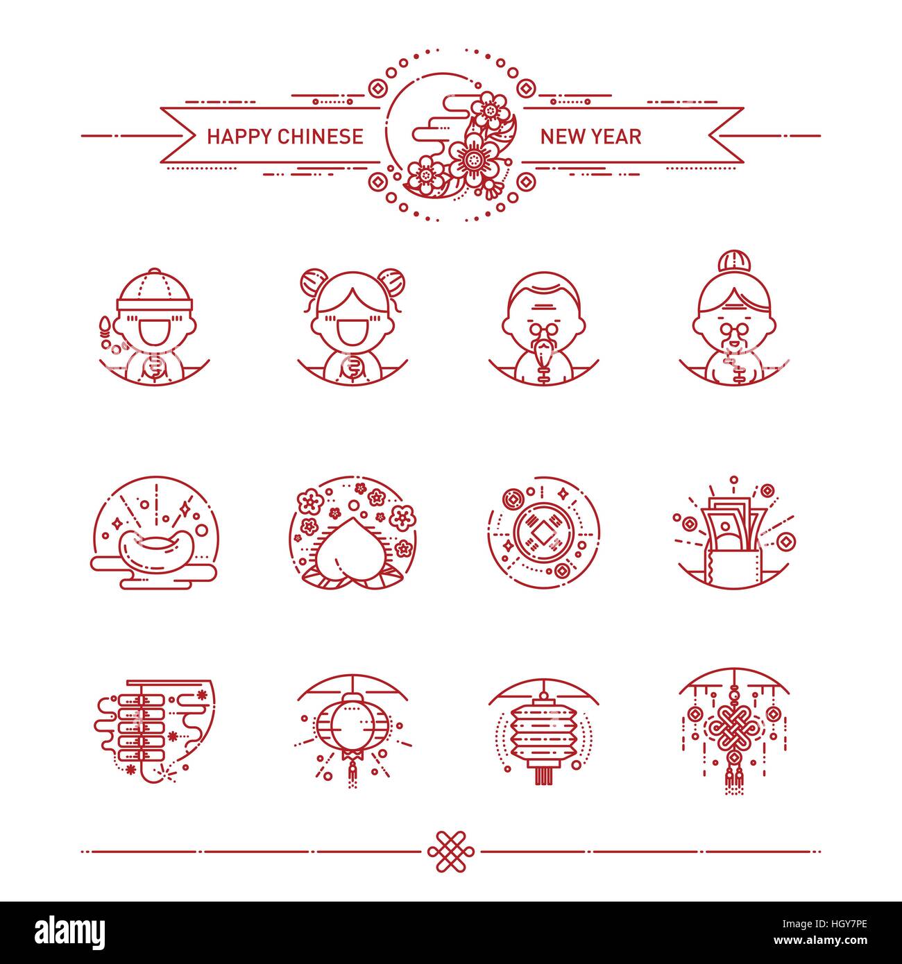 Vector Illustration of Happy Chinese New Year Icons Set. Style linéaire moderne. Illustration de Vecteur