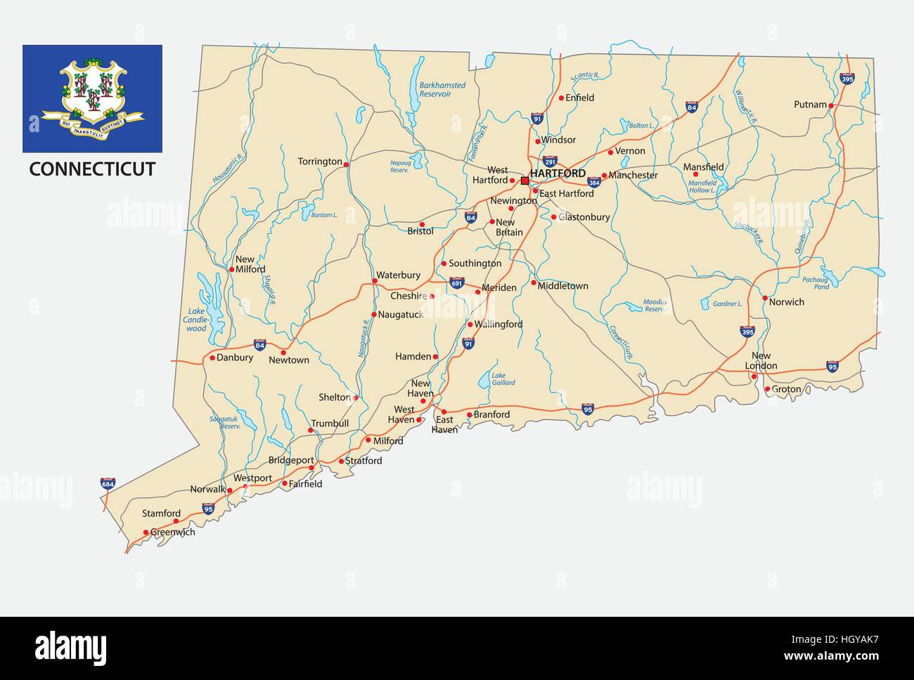Carte routière avec drapeau Connecticut Illustration de Vecteur