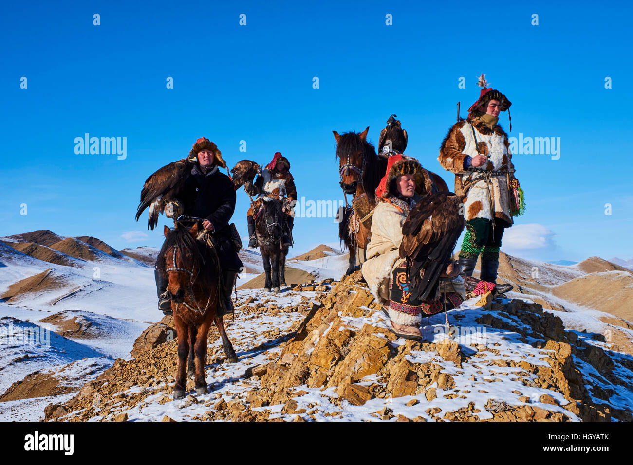 La Mongolie, Bayan Olgii, kazakh, Eagle eagle hunter chasse, golden eagle Banque D'Images