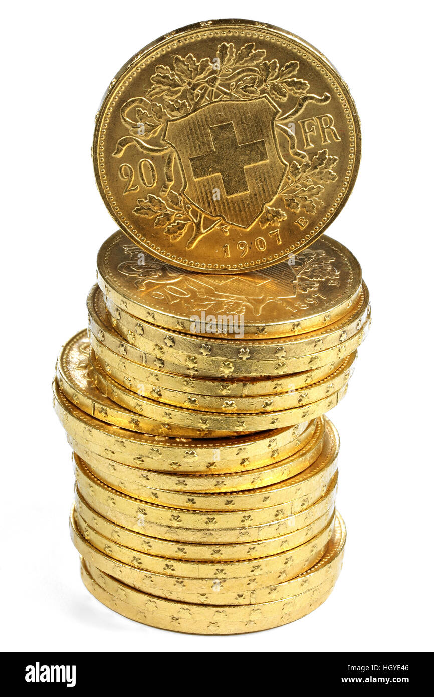 Pièces d'or Vreneli suisse isolé sur fond blanc Banque D'Images