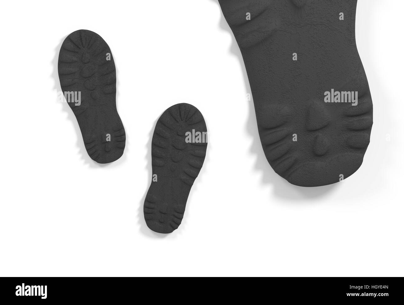 Grand mâle et petit bébé chaussures sneaker sur semelle, isolé sur fond blanc, 3d illustration Banque D'Images