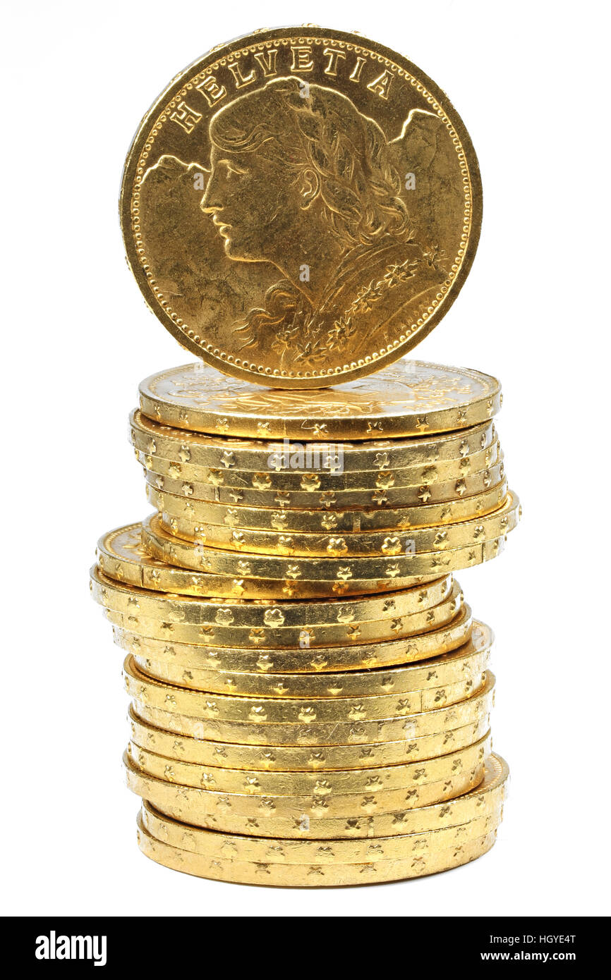 Pièces d'or Vreneli suisse isolé sur fond blanc Banque D'Images