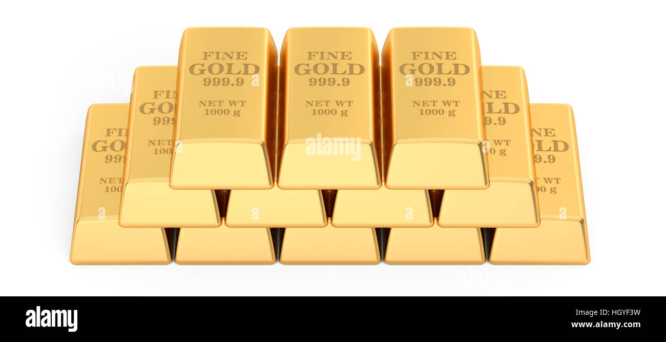 Ensemble de barres d'or, 3D Rendering isolé sur fond blanc Banque D'Images