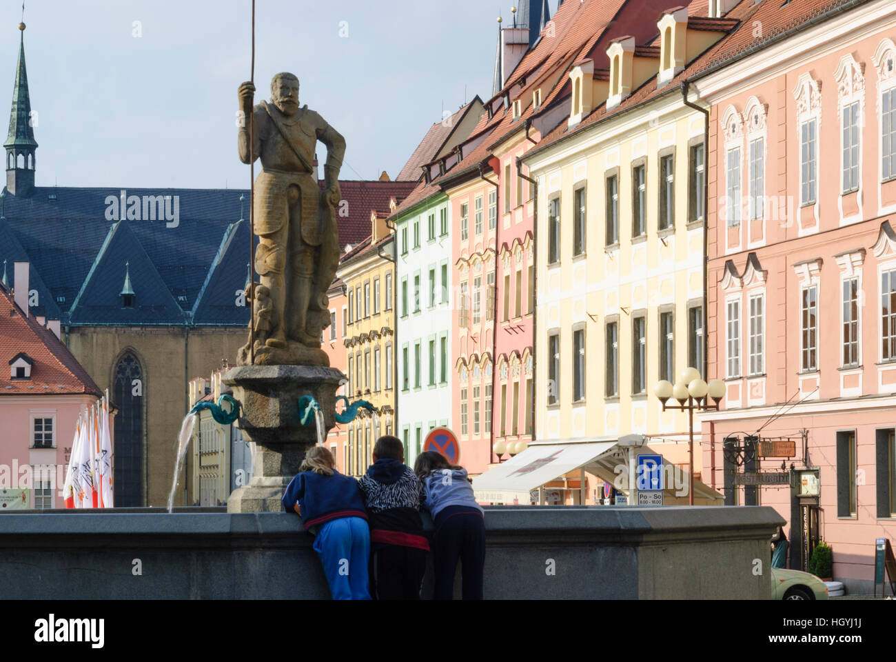Cheb (Eger) : Place du Marché avec bien avec statue de Roland, , Karlovarsky, Karlsbader Région, Région de Karlovy Vary, République Tchèque Banque D'Images