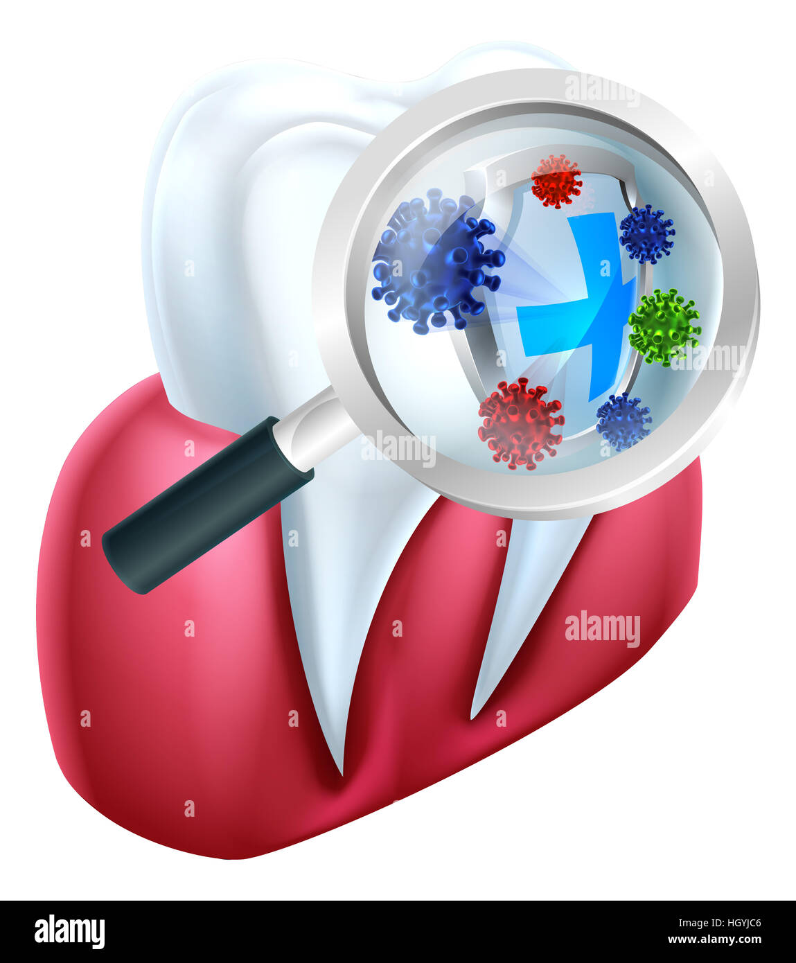 Une illustration médicale d'une dent à partir de bactéries protégées par un bouclier magnifiée par une loupe Banque D'Images