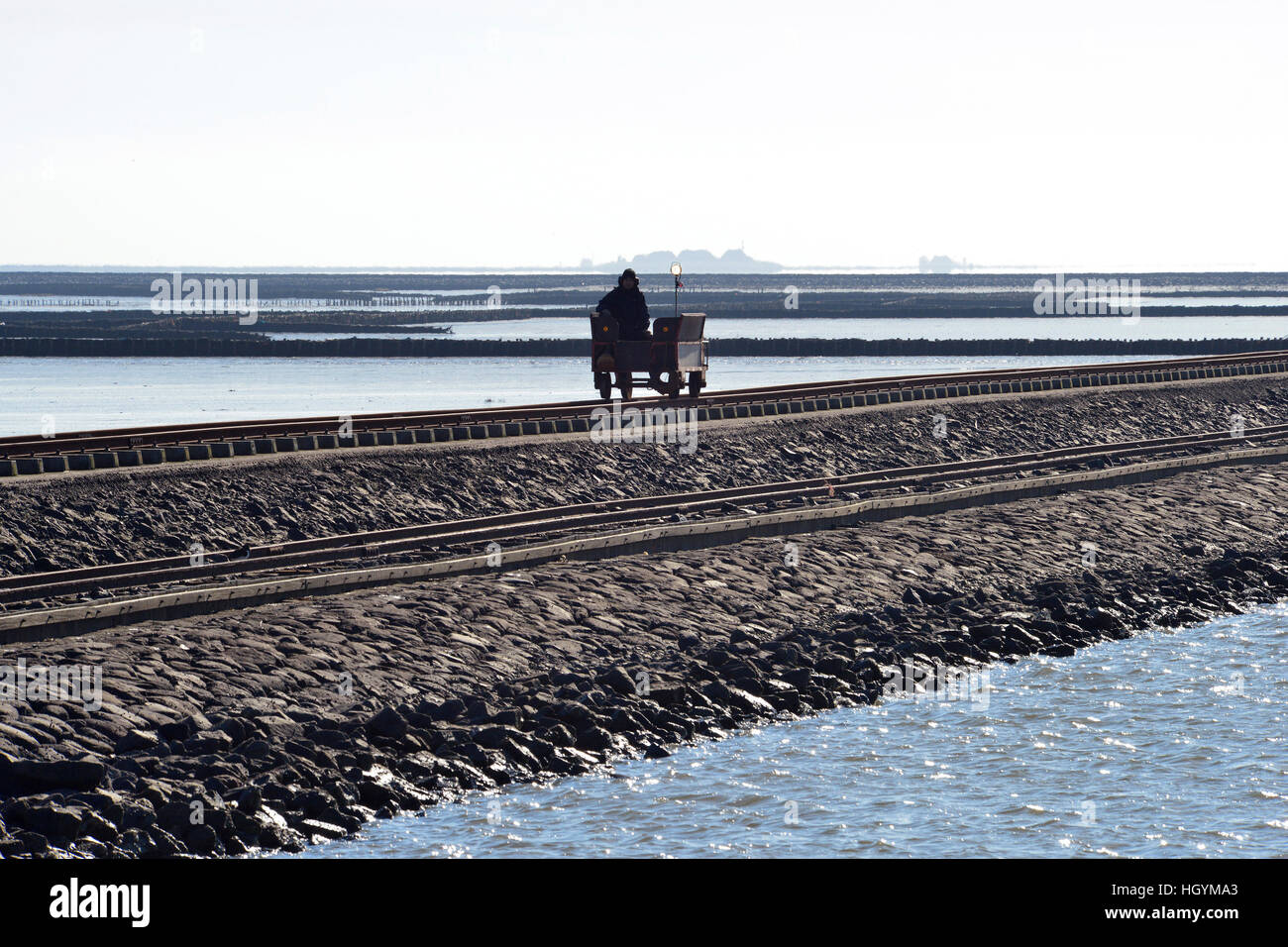 Barrage roulant sur chariot en mer des Wadden, hallig oland, île, Schleswig-Holstein, Allemagne Banque D'Images