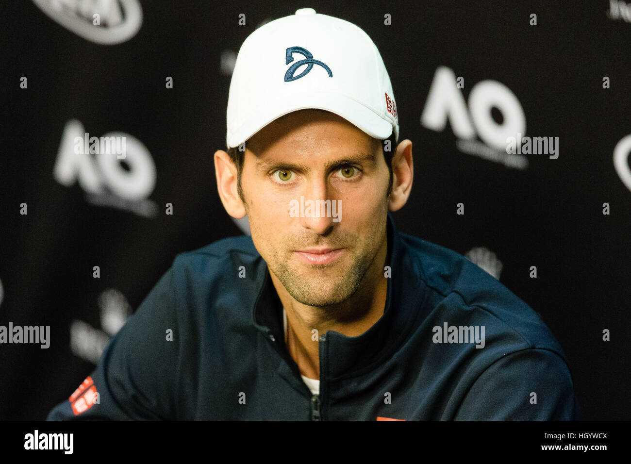 Melbourne, Australie - 14 janvier 2017 : Novak Djokovic de Serbie parle lors d'une conférence de presse avant le début de l'Open d'Australie 2017 à Melbourne Park, Melbourne, Australie. crédit : Frank molter/Alamy live news Banque D'Images
