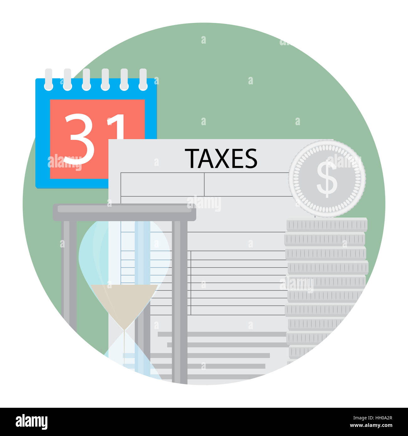 Journée d'icône. Taxe de paiement au gouvernement, sablier et calendrier. Vector illustration Banque D'Images