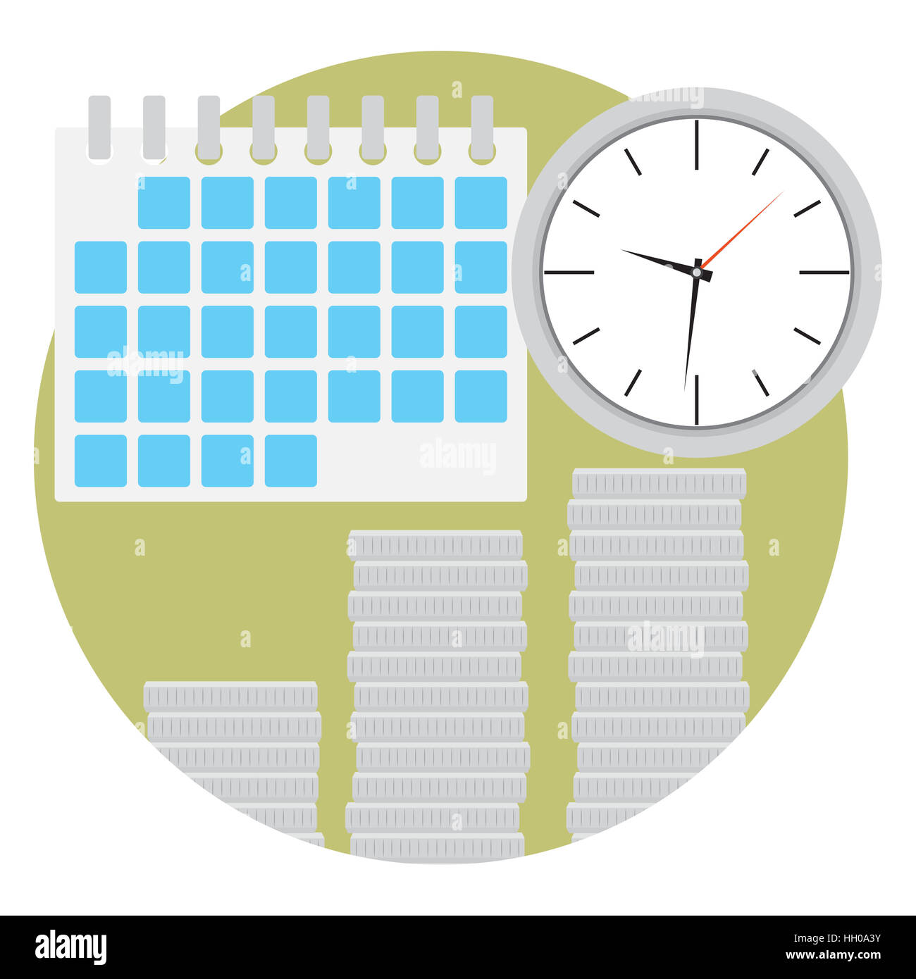 Le temps est argent. Pile de pièces et de l'horloge avec calendrier. Vector illustration Banque D'Images