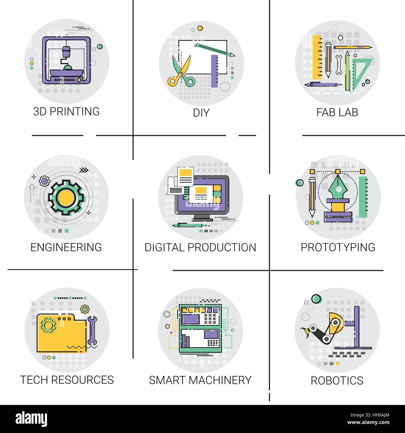 La production de l'automatisation industrielle Machines Smart Set, l'icône d'impression 3D Ressources Tech Fab Lab Collection Illustration de Vecteur